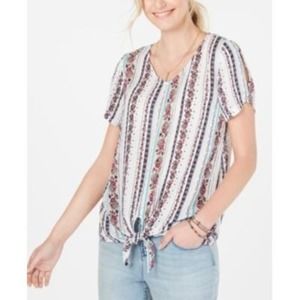 Style Co Women's Medium Striped Tunic Top with Knotted Tie Waist & Split Sleeves